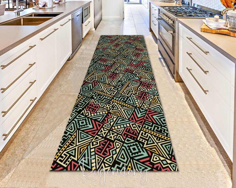 Tribal Geometric Runner Rug – Bold Red, Yellow & Teal Ethnic Pattern