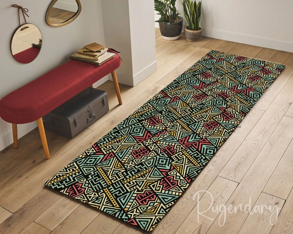 Tribal Geometric Runner Rug – Bold Red, Yellow & Teal Ethnic Pattern