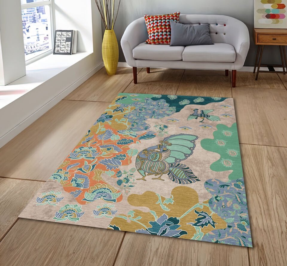 Peacock Floral Rug Modern Botanical Pattern Decorative Carpet