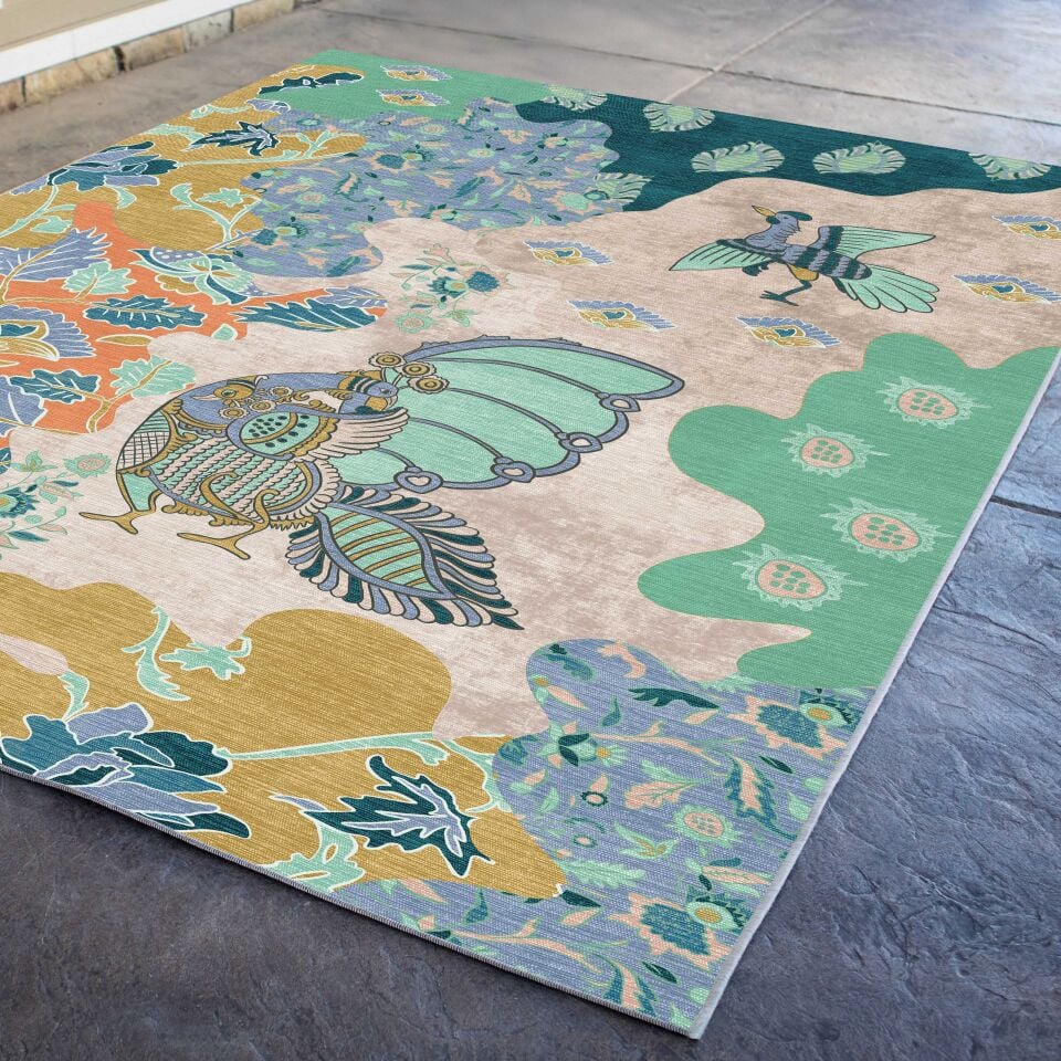 Peacock Floral Rug Modern Botanical Pattern Decorative Carpet