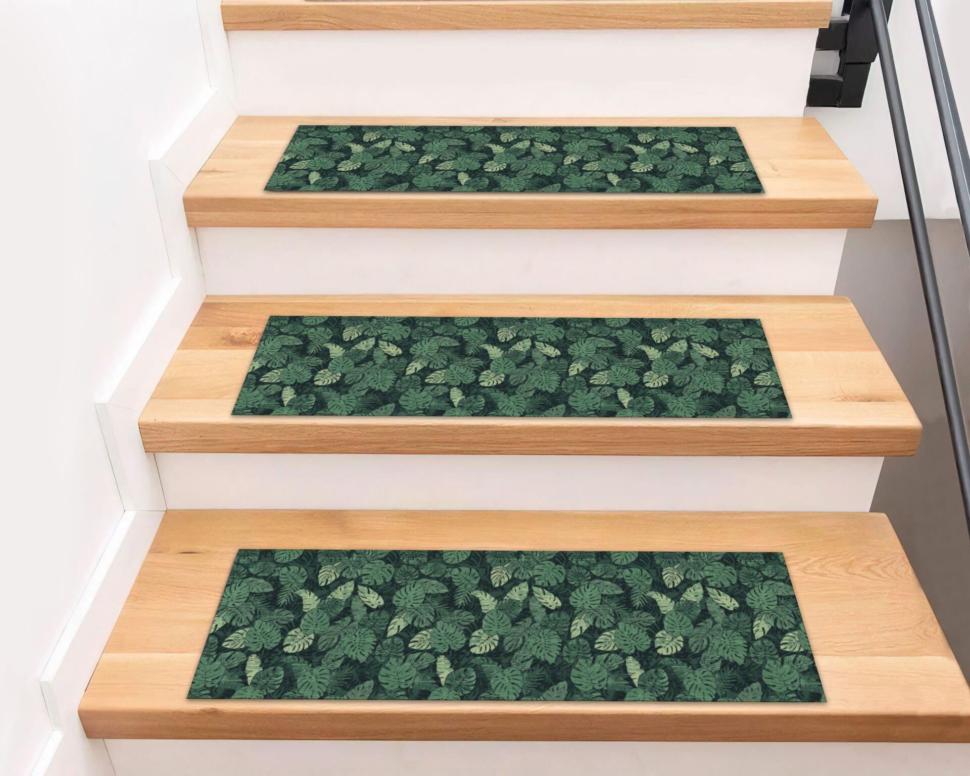 Dark Tropical Leaf Stair Treads – Monstera-Inspired Non-Slip Stair Mats