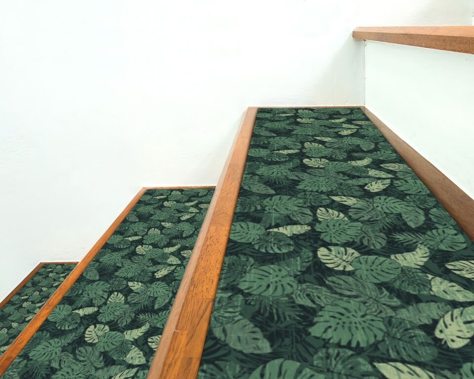 Dark Tropical Leaf Stair Treads – Monstera-Inspired Non-Slip Stair Mats