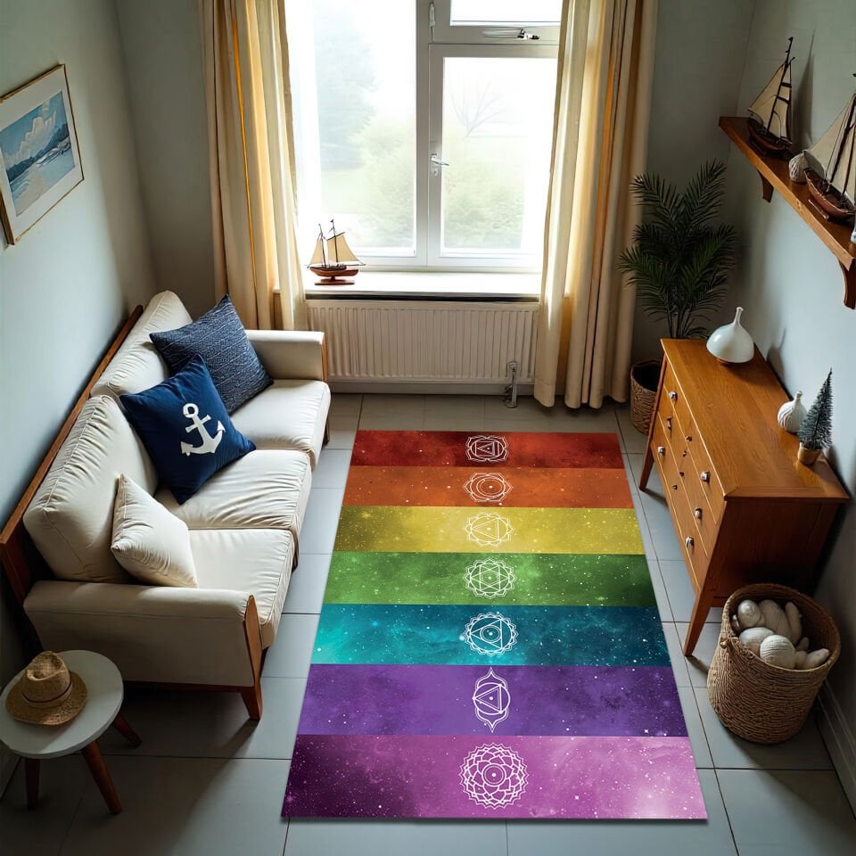 Rainbow Chakra Symbol Rug – Colorful Spiritual Meditation Carpet