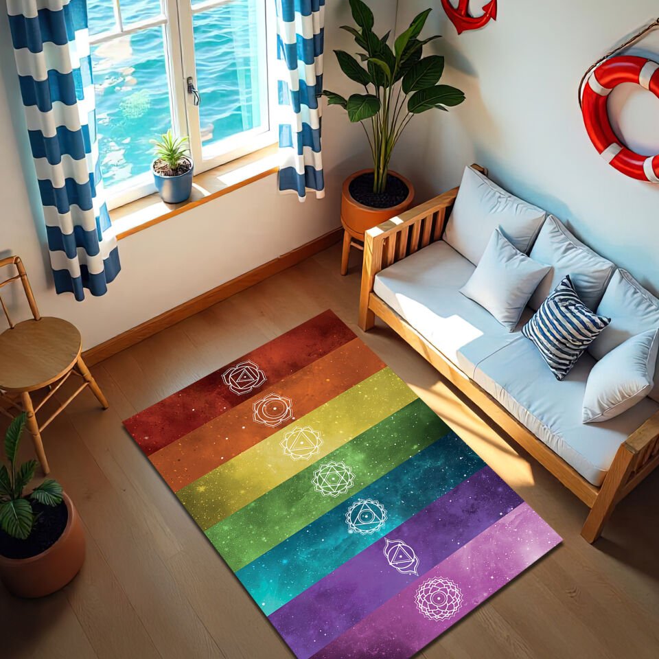 Rainbow Chakra Symbol Rug – Colorful Spiritual Meditation Carpet