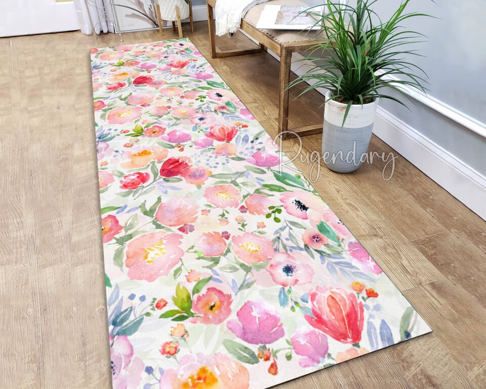 Pink Floral Runner Rug – Watercolor Flower Pattern, Non-Slip & Washable Hallway Carpet