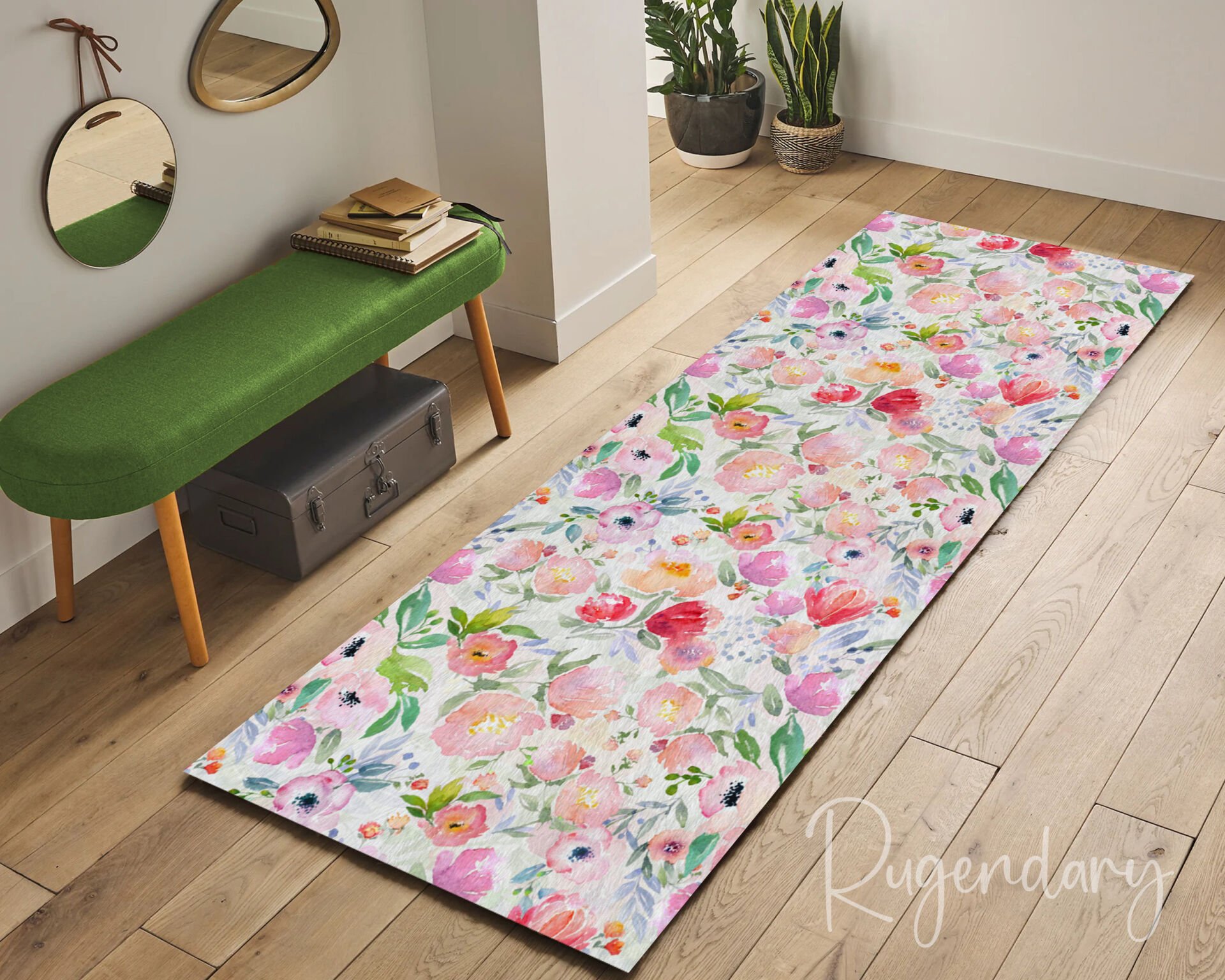 Pink Floral Runner Rug – Watercolor Flower Pattern, Non-Slip & Washable Hallway Carpet