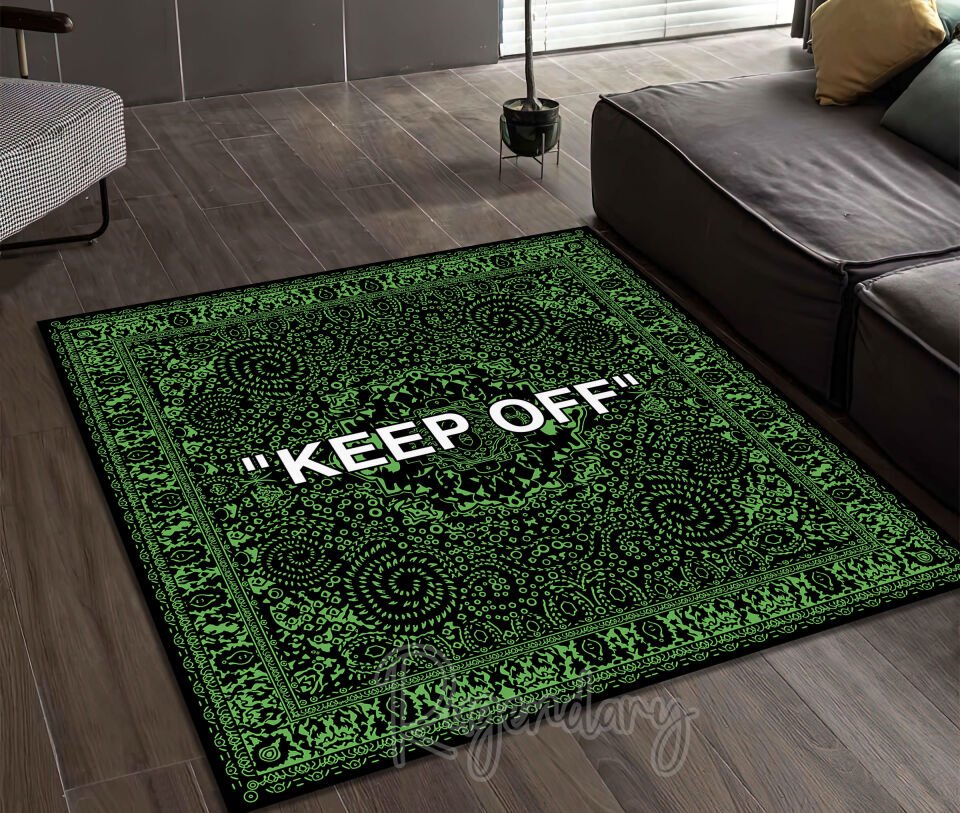 Square ''KEEP OFF'' Rug – Black & Green Modern Statement Carpet