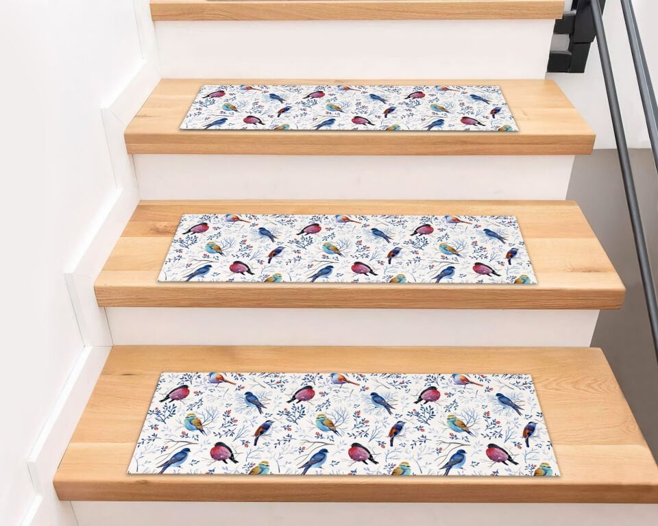 Colorful Songbirds & Branches Stair Treads – Multicolor Bird Pattern on White Background