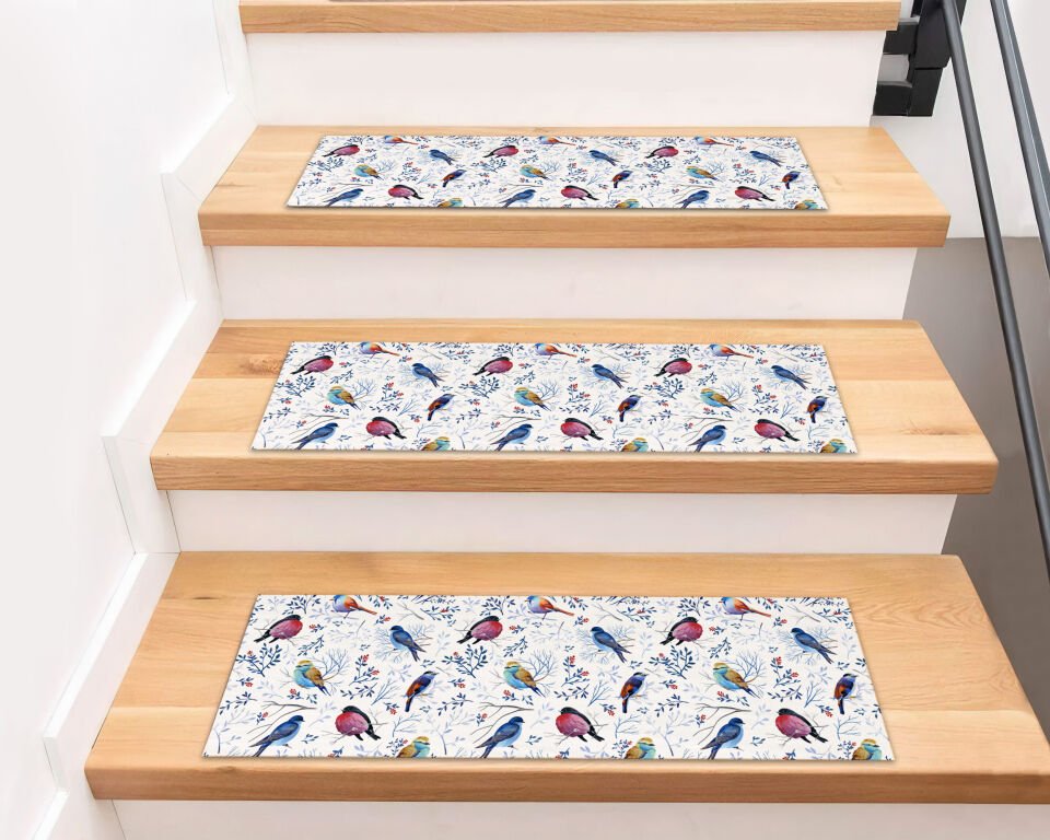 Colorful Songbirds & Branches Stair Treads – Multicolor Bird Pattern on White Background