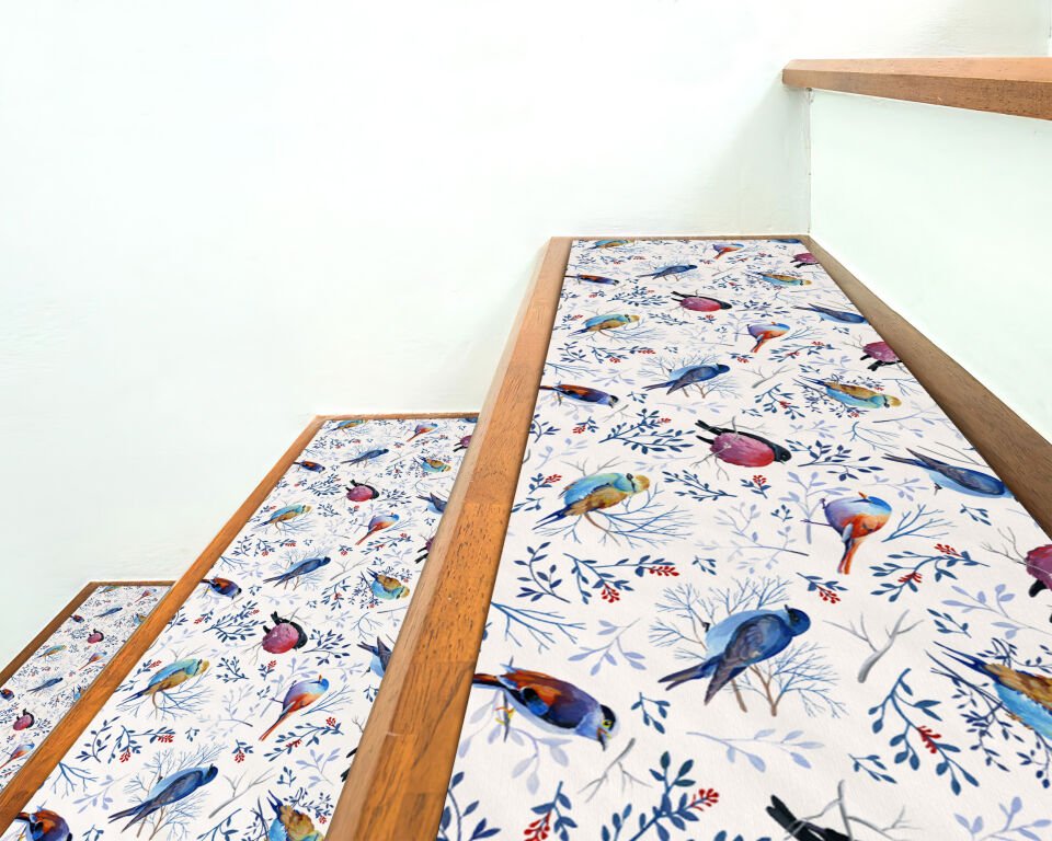 Colorful Songbirds & Branches Stair Treads – Multicolor Bird Pattern on White Background