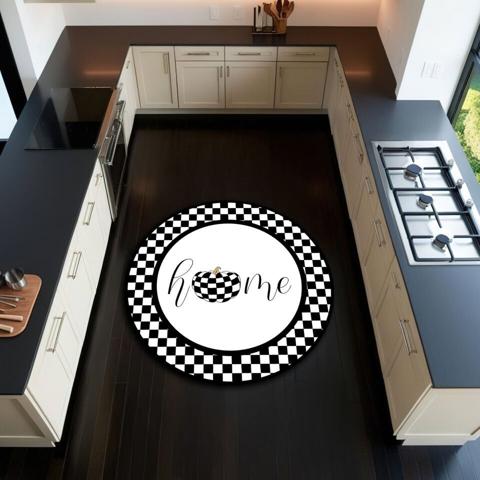 Black and White Checkerboard “Home” Kitchen Rug with Pumpkin Design – Modern & Cozy Floor Mat