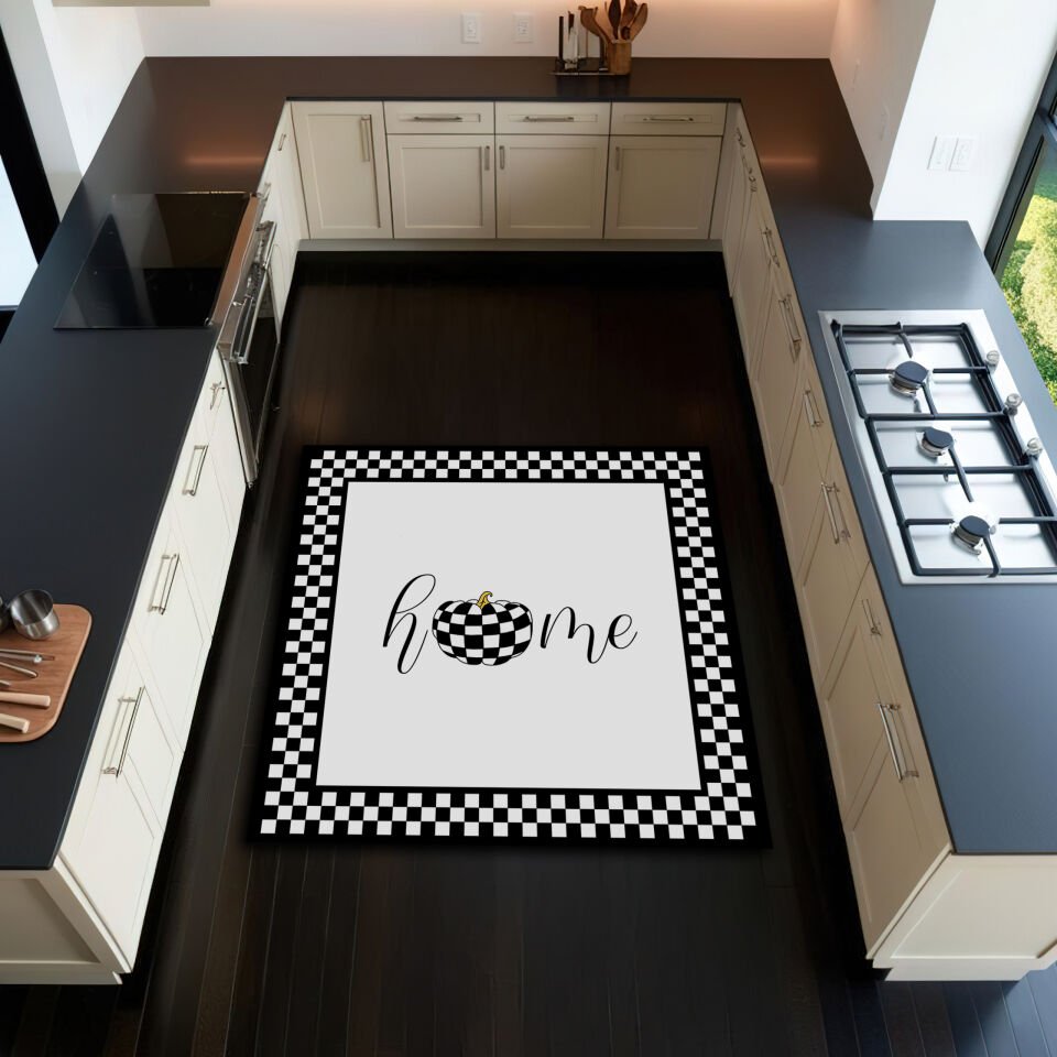 Black and White Checkerboard “Home” Kitchen Rug with Pumpkin Design – Modern & Cozy Floor Mat