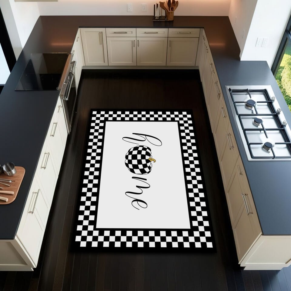 Black and White Checkerboard “Home” Kitchen Rug with Pumpkin Design – Modern & Cozy Floor Mat