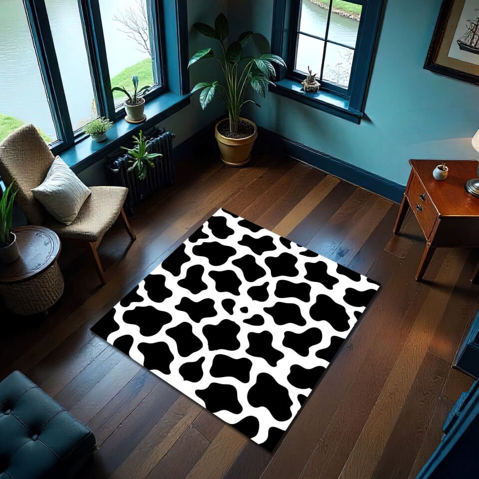 Cow Print Area Rug – Black and White Animal Pattern Carpet