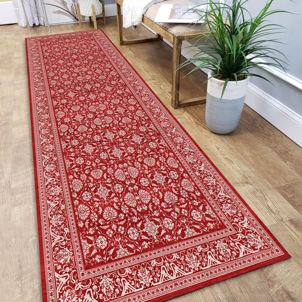 Red Kitchen Runner Rug – Floral Hallway Carpet for Kitchen Entryway