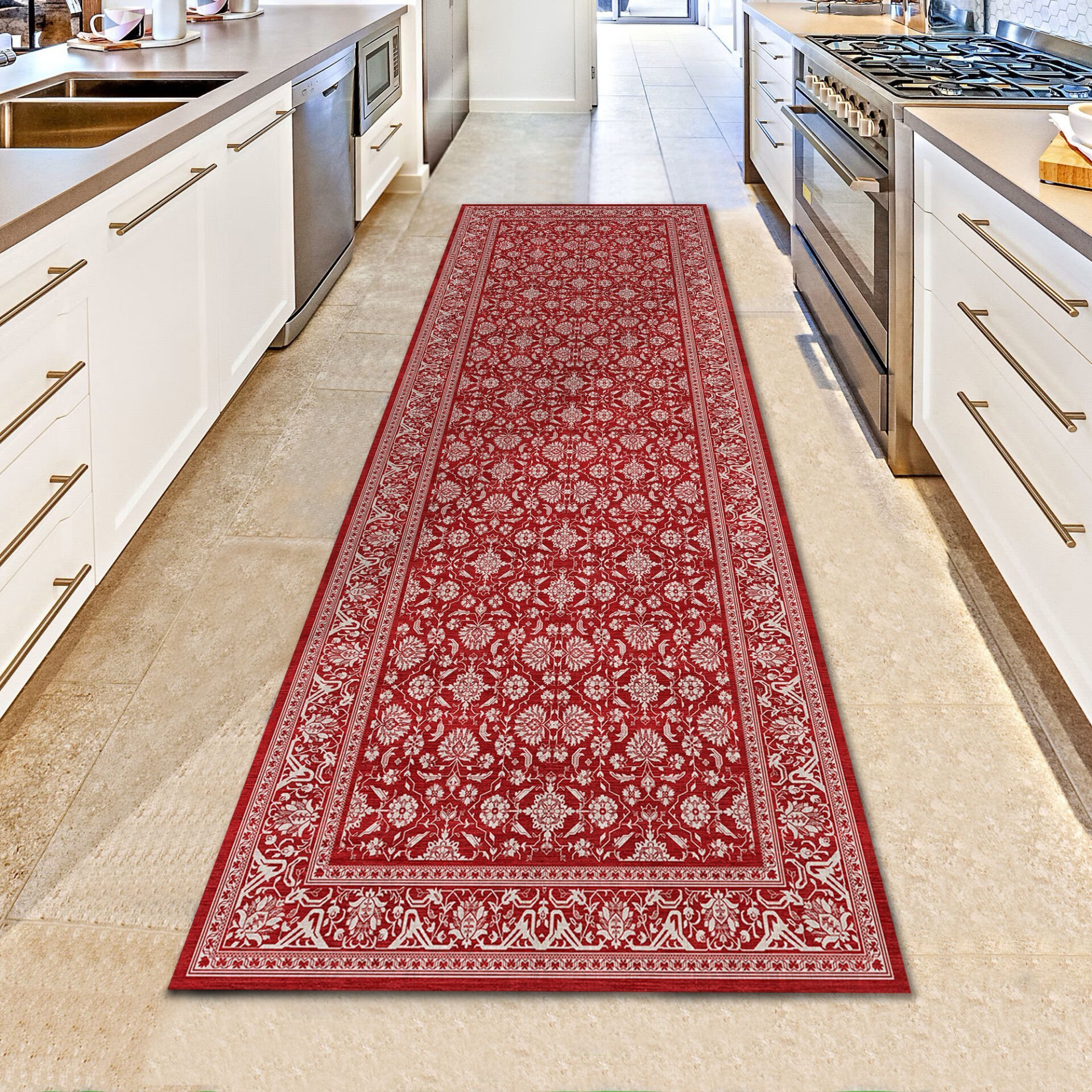 Red Kitchen Runner Rug – Floral Hallway Carpet for Kitchen Entryway