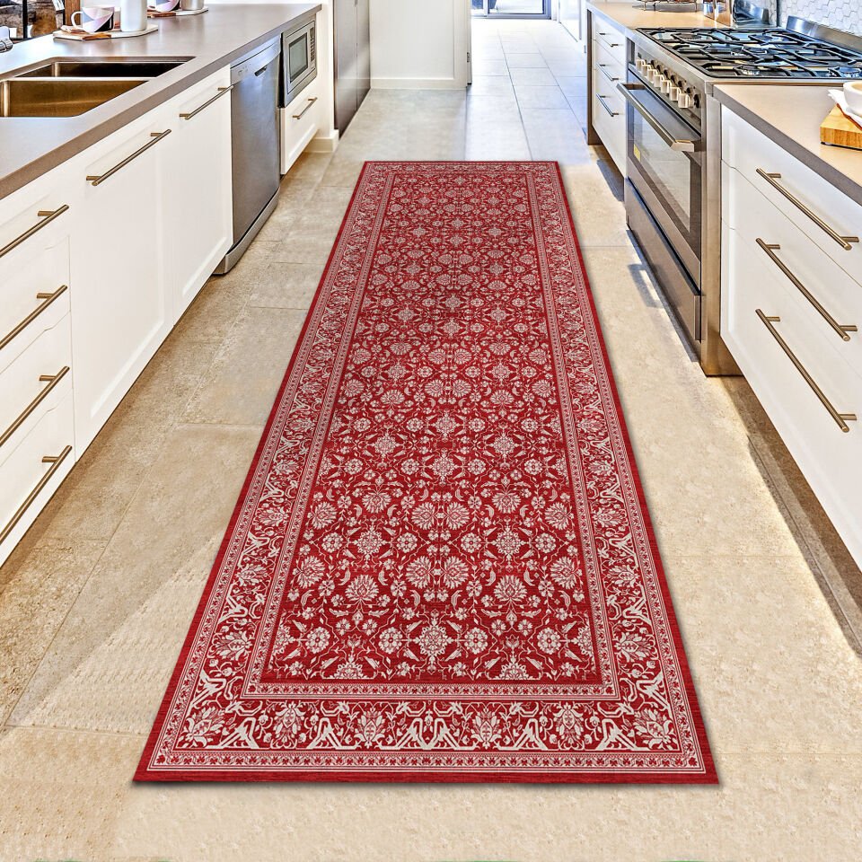 Red Kitchen Runner Rug – Floral Hallway Carpet for Kitchen Entryway