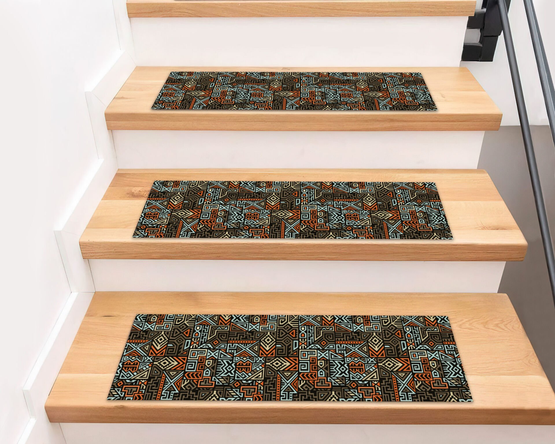 Tribal Geometric Stair Treads – Bold Earth Tone Pattern