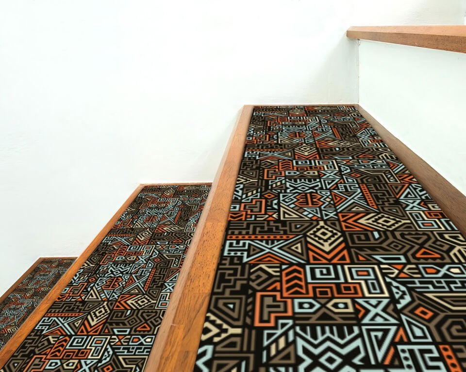 Tribal Geometric Stair Treads – Bold Earth Tone Pattern