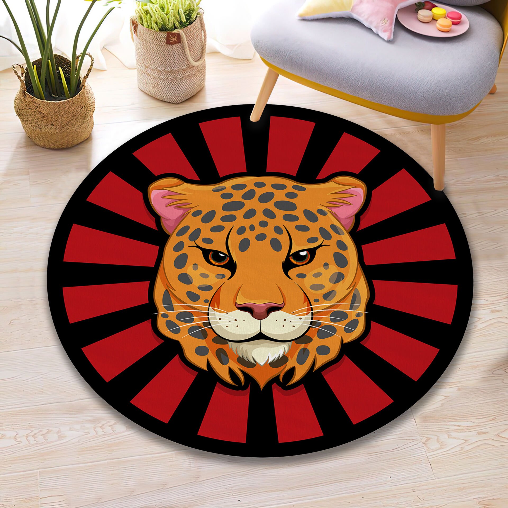 Leopard Head Rug Bold Animal Print Round Carpet Jungle Wildcat Art Floor Mat for Home Decor