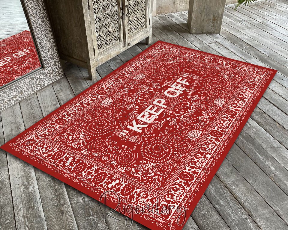 Modern Red & Black Area Rug with “KEEP OFF” Quote – Bold Living Room Carpet