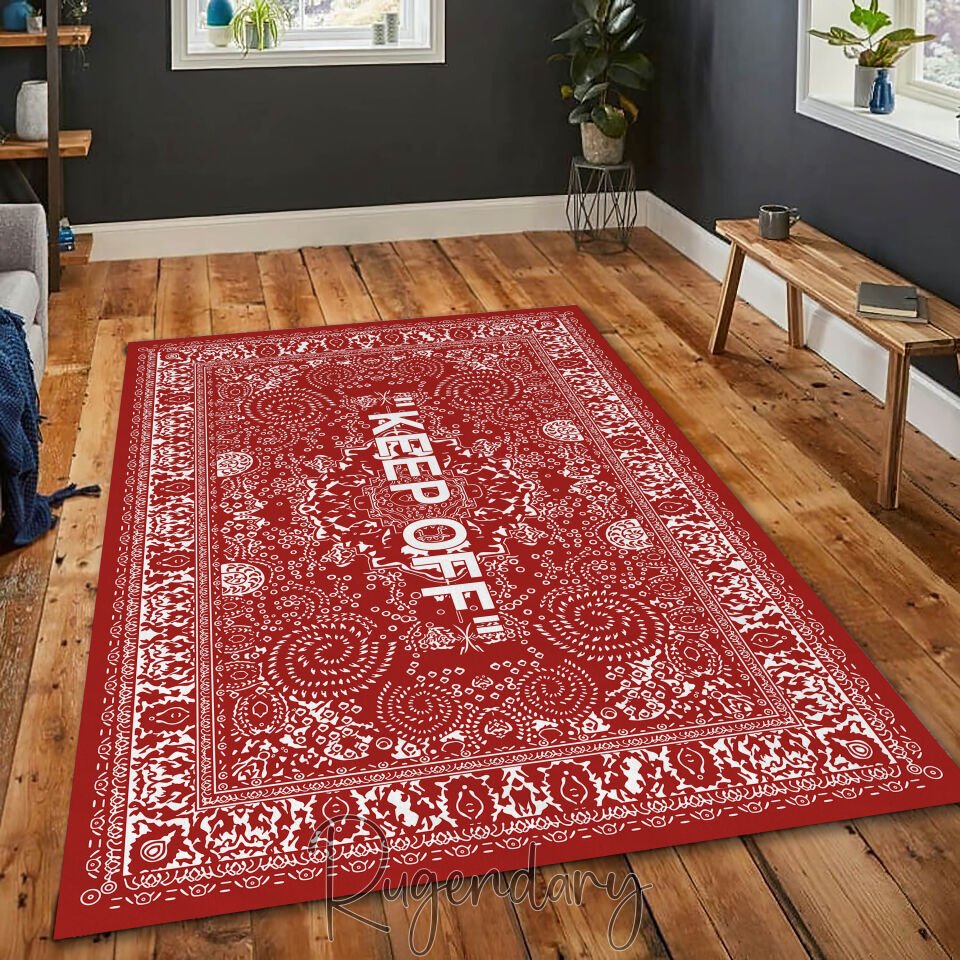 Modern Red & Black Area Rug with “KEEP OFF” Quote – Bold Living Room Carpet