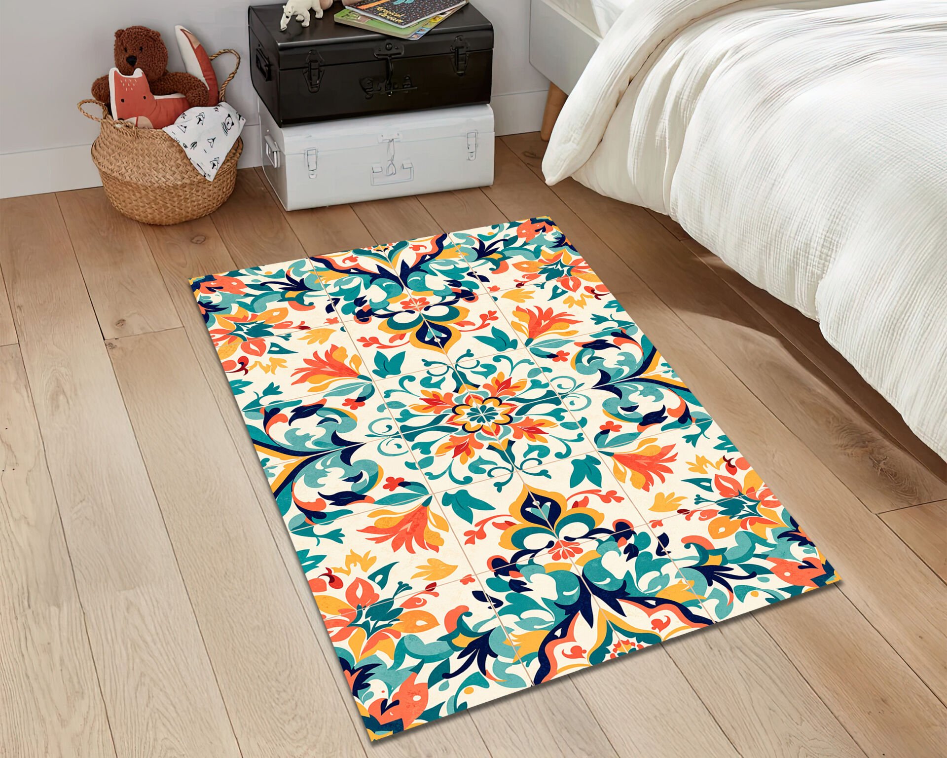Mediterranean Floral Tile Rug Colorful Boho Carpet for Living Room Bedroom Home Decor