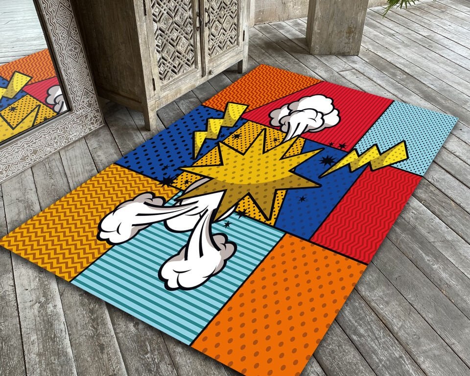 Comic Pop Art Rug Colorful Cartoon Explosion Carpet Bold Graphic Area Rug Retro Living Room Bedroom Decor