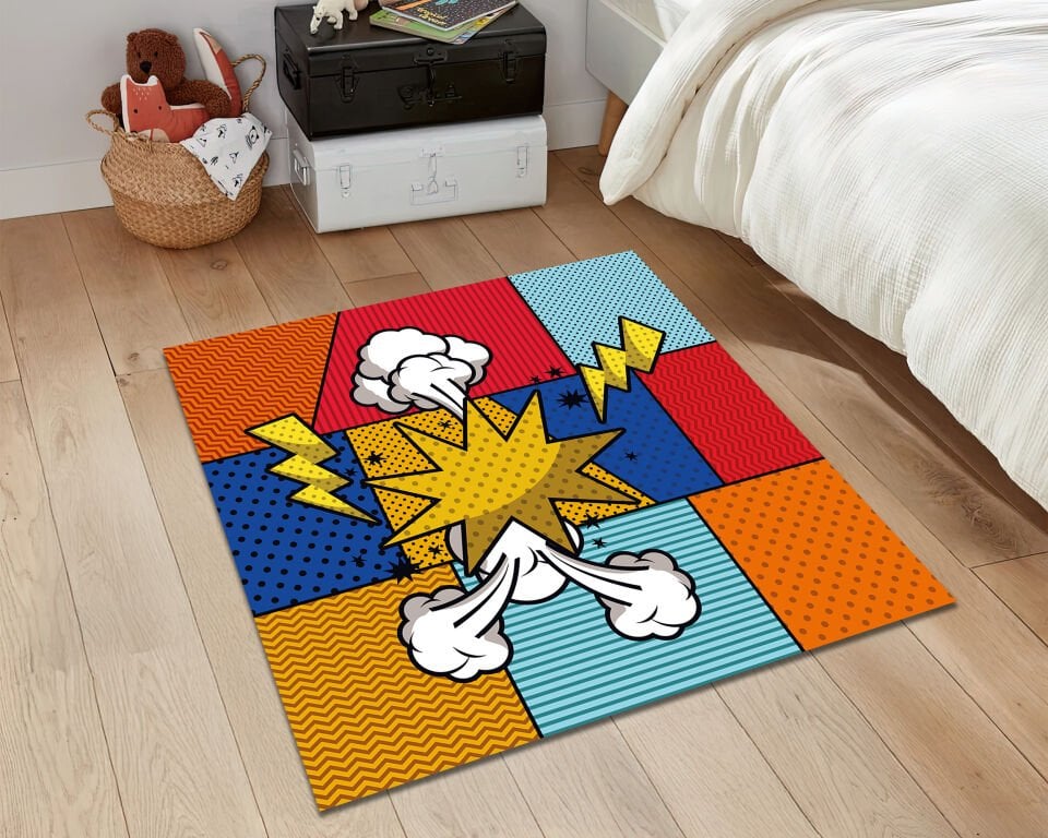 Comic Pop Art Rug Colorful Cartoon Explosion Carpet Bold Graphic Area Rug Retro Living Room Bedroom Decor