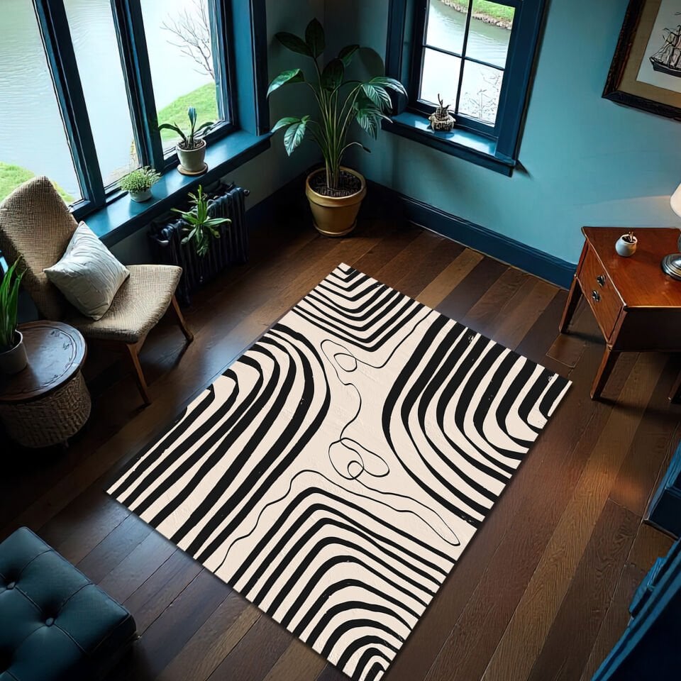 Monochrome Abstract Line Art Rug – Modern Minimalist Floor Decor