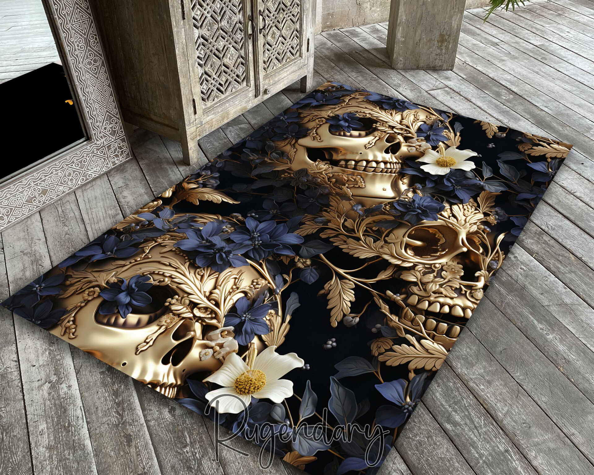 Golden Skull & Floral Gothic Rug – Dark Elegant Decorative Carpet