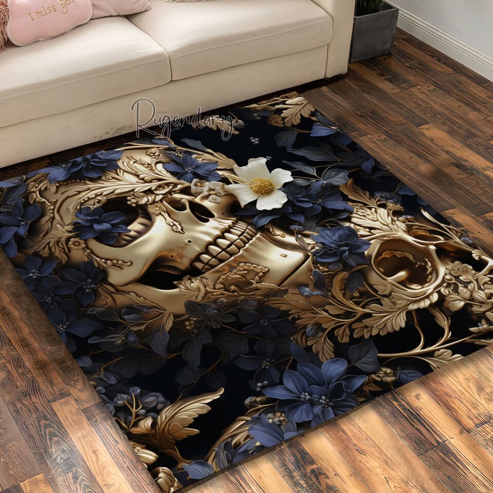 Golden Skull & Floral Gothic Rug – Dark Elegant Decorative Carpet