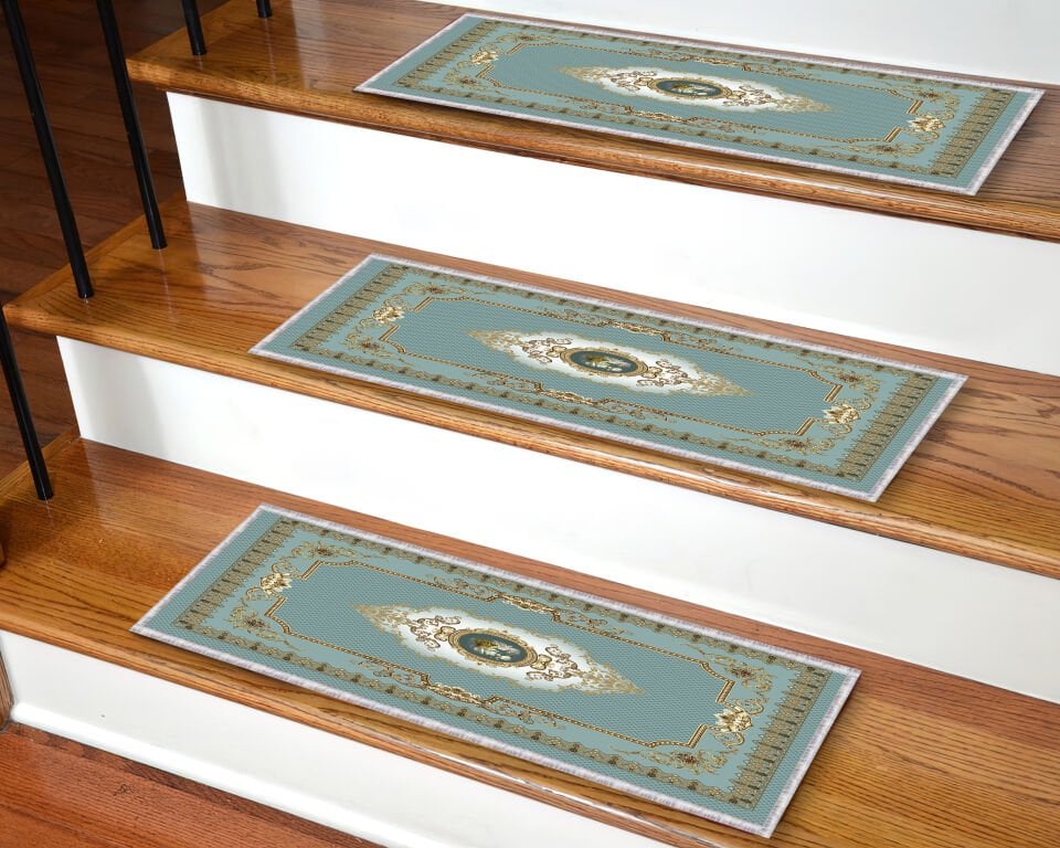 Turquoise & Gold Traditional Medallion Stair Treads – Non-Slip Carpet Mats for Wooden Steps