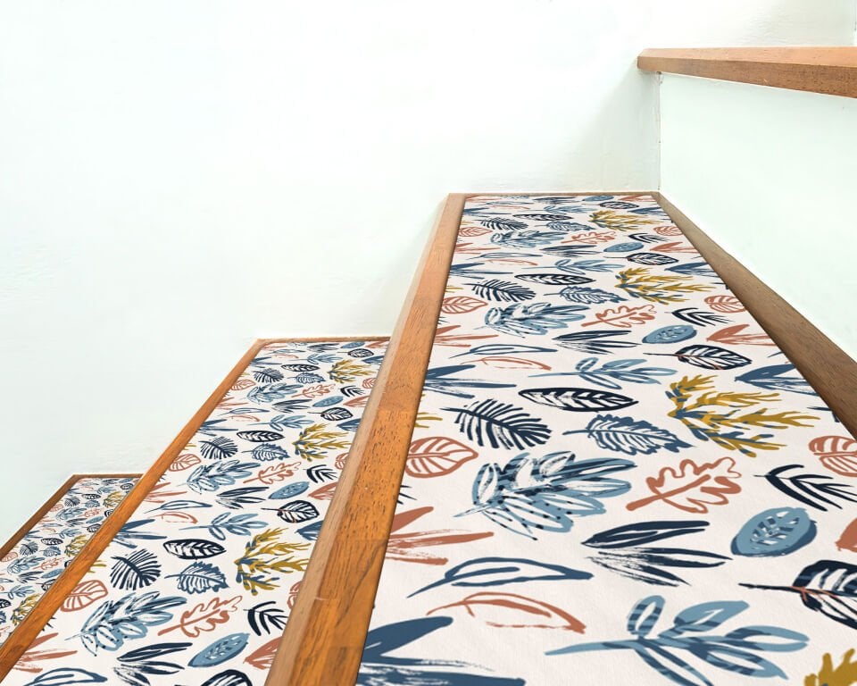 Botanical Pattern Stair Treads – Colorful Leaf Design Step Rugs