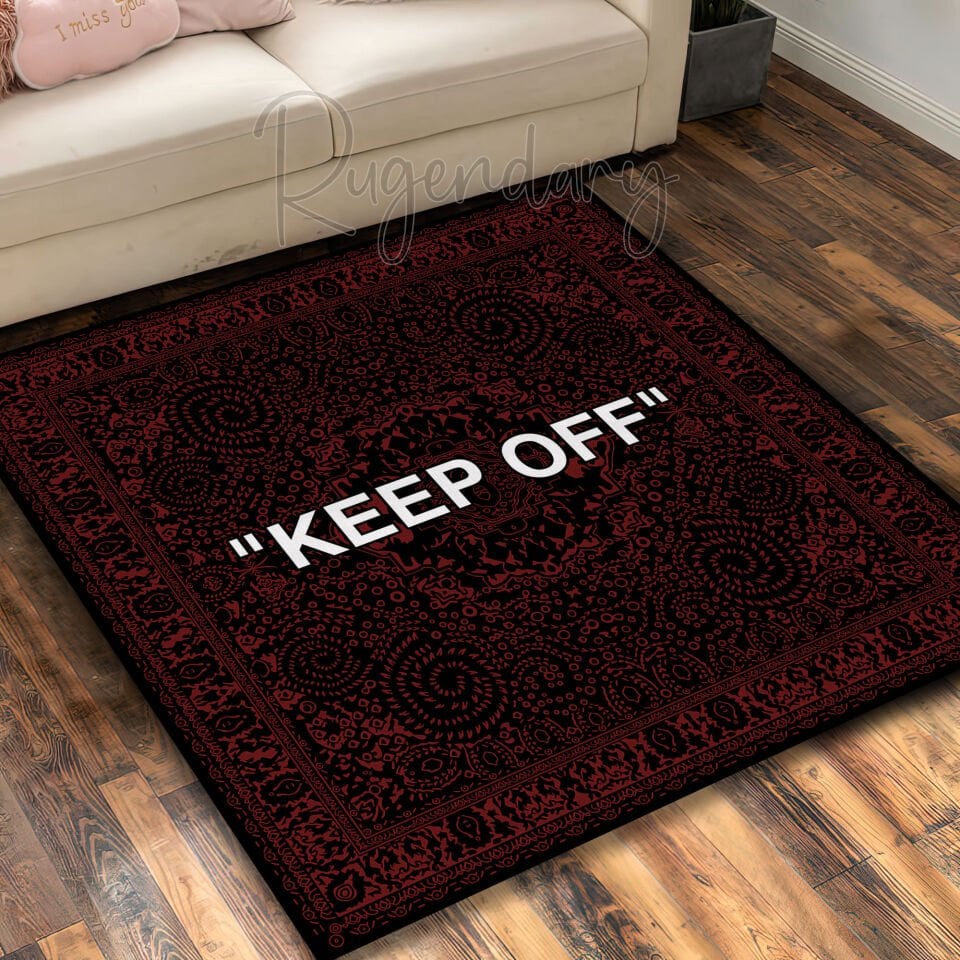 Square ''KEEP OFF'' Rug – Bold Black & Red Modern Statement Carpet