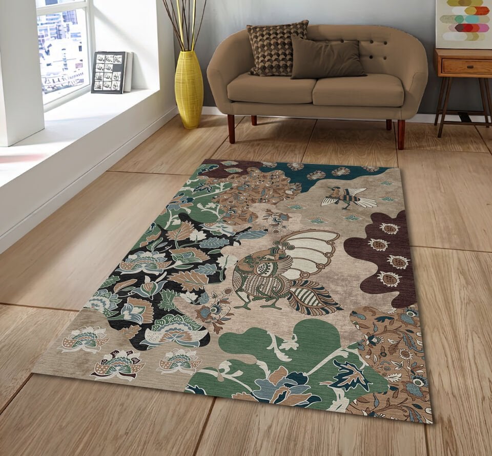 Dark Peacock Floral Rug Botanical Pattern Decorative Carpet