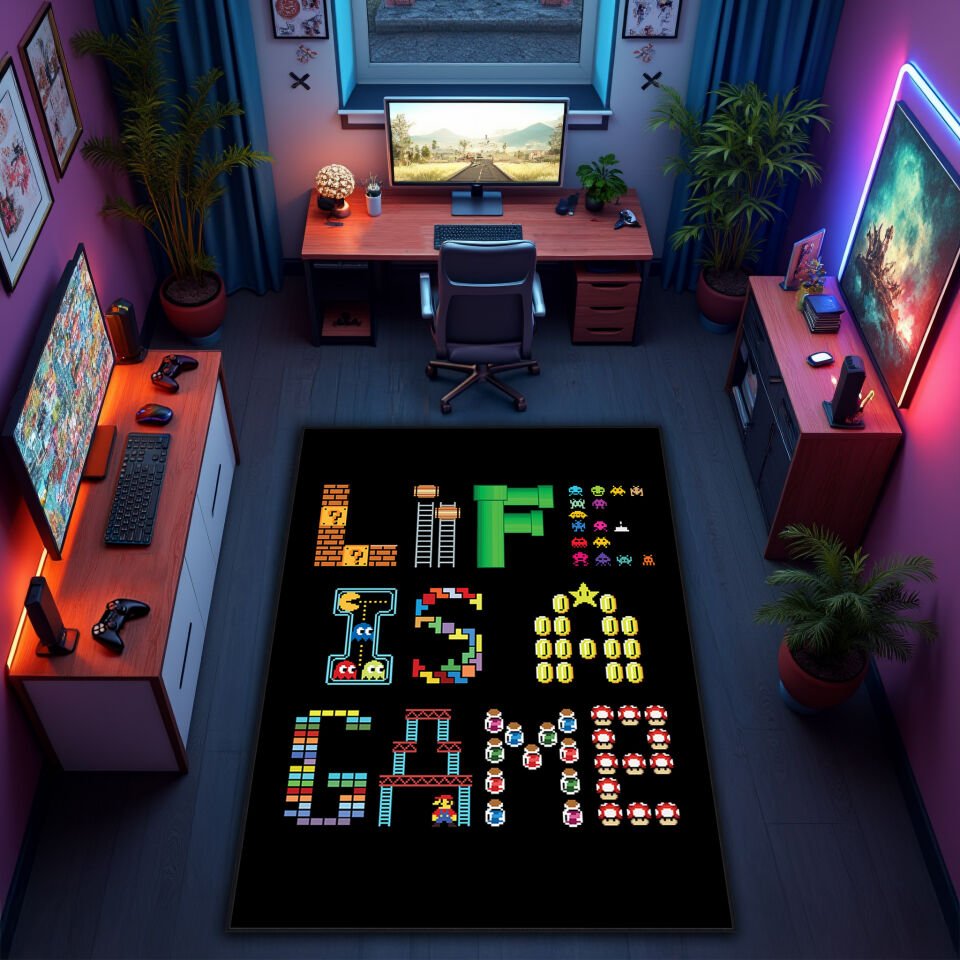 Retro Pixel ''Life Is A Game'' Design Rug – Black Background Gamer Carpet for Game Rooms and Gaming Setups