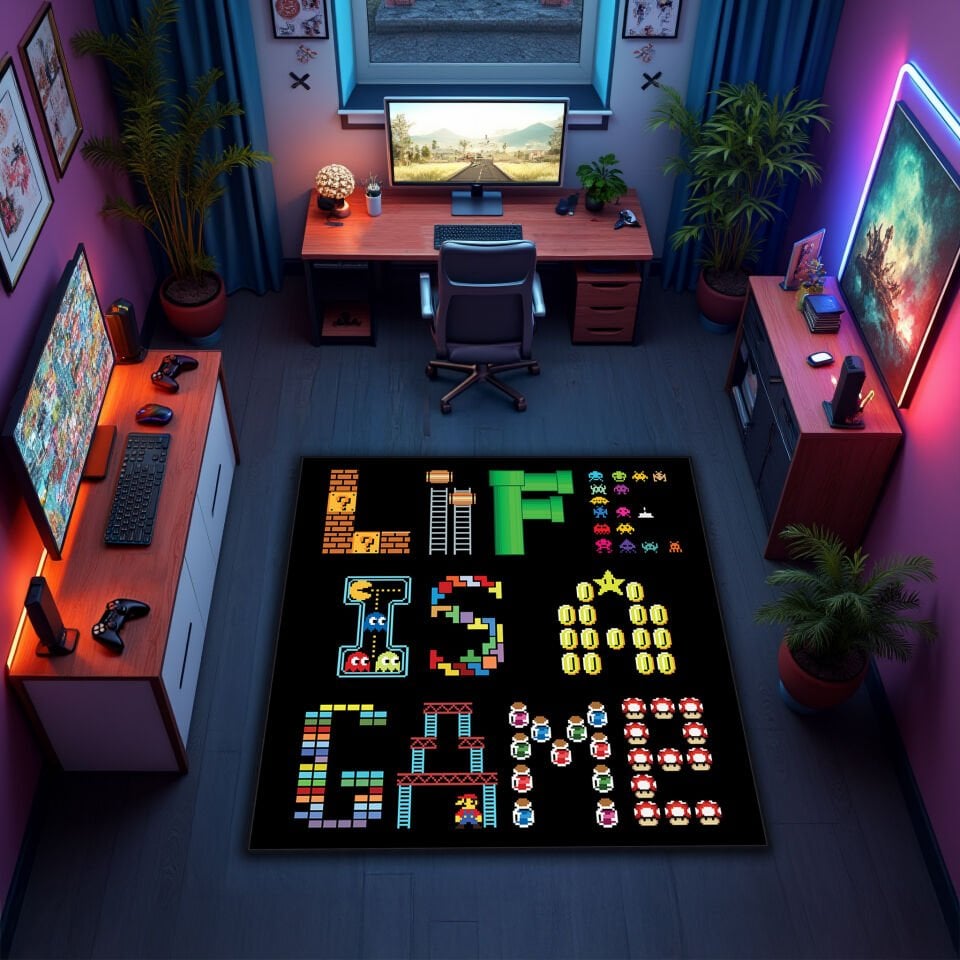 Retro Pixel ''Life Is A Game'' Design Rug – Black Background Gamer Carpet for Game Rooms and Gaming Setups
