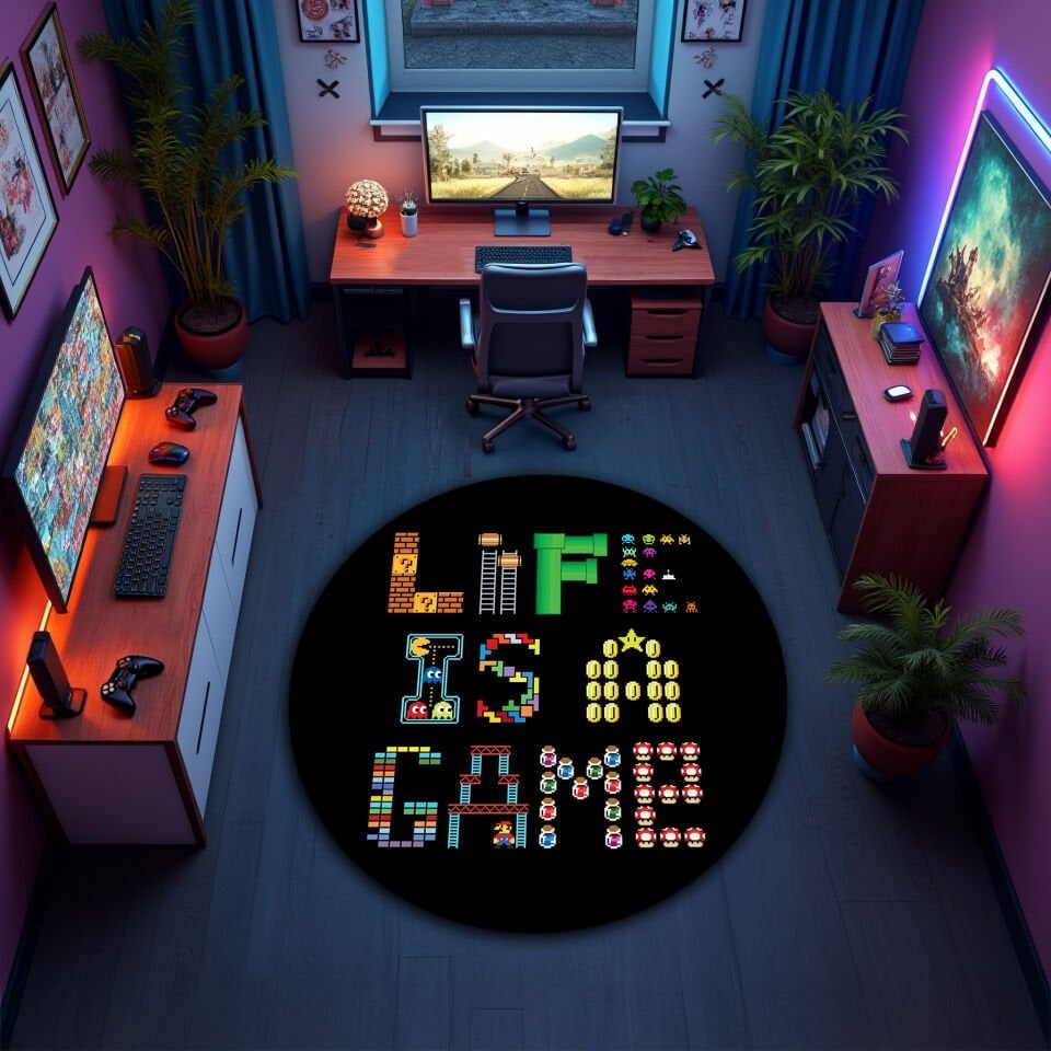 Retro Pixel ''Life Is A Game'' Design Rug – Black Background Gamer Carpet for Game Rooms and Gaming Setups