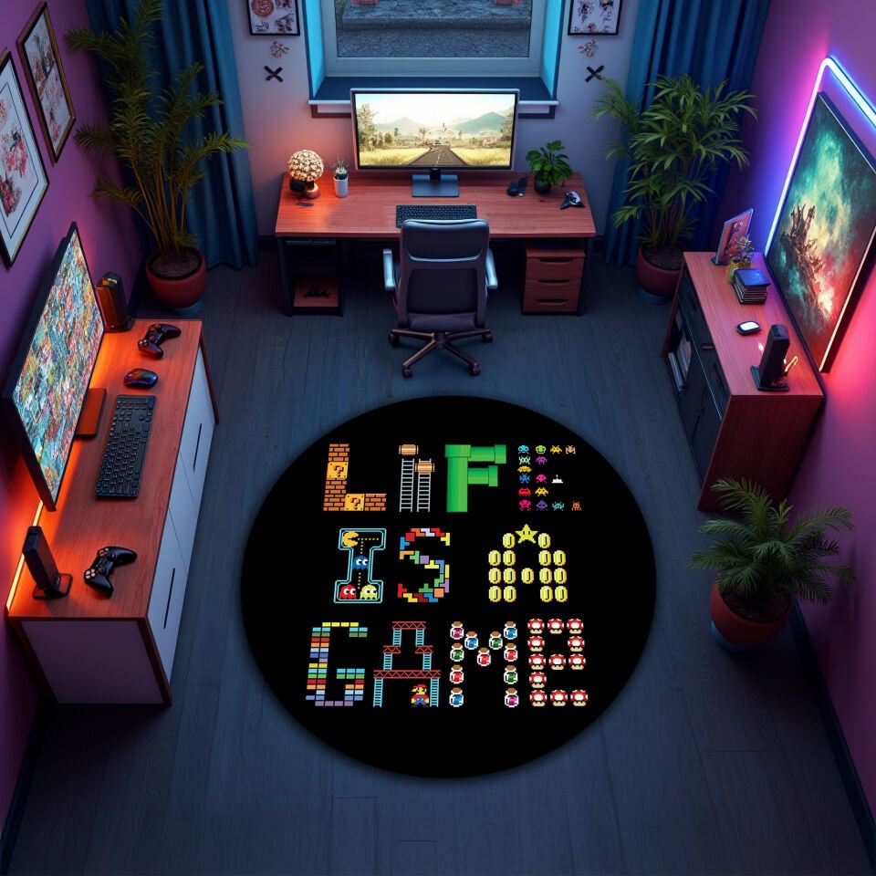 Retro Pixel ''Life Is A Game'' Design Rug – Black Background Gamer Carpet for Game Rooms and Gaming Setups
