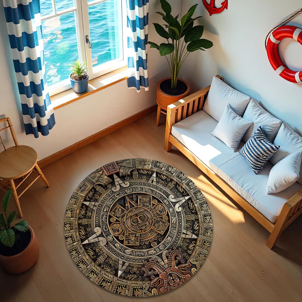 Aztec Calendar Round Rug – Ancient Mayan Sun Stone Carpet