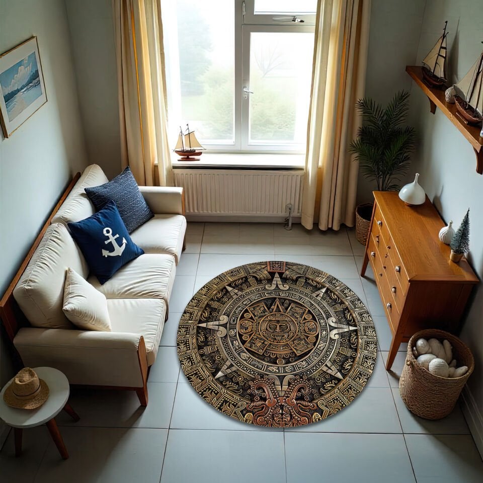 Aztec Calendar Round Rug – Ancient Mayan Sun Stone Carpet