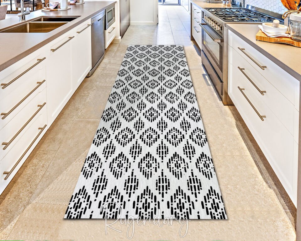 Black & White Geometric Kitchen Runner Rug – Modern Long Carpet
