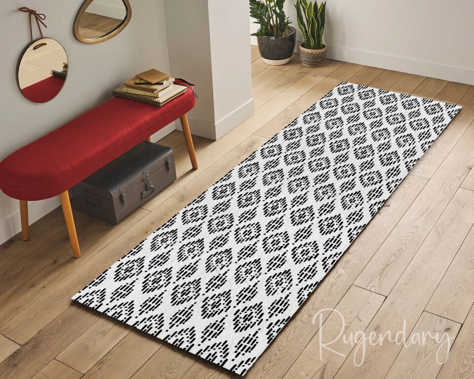 Black & White Geometric Kitchen Runner Rug – Modern Long Carpet