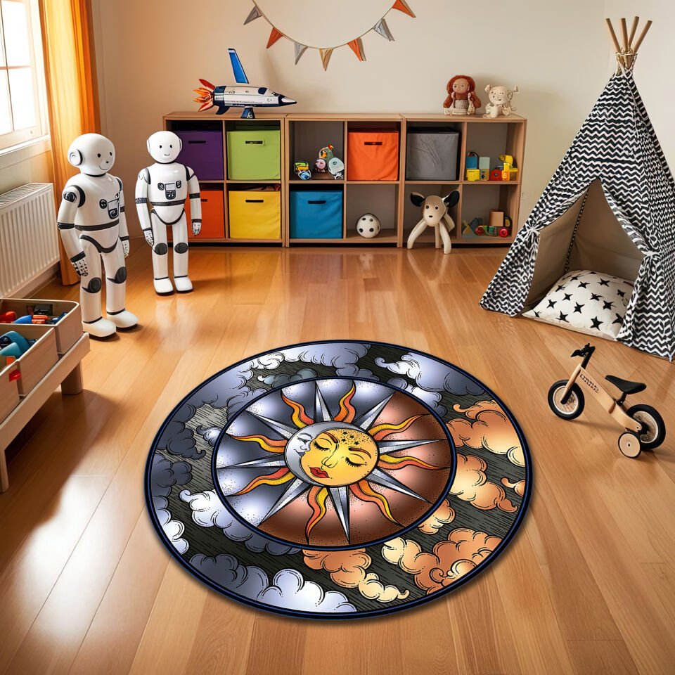 Sun and Moon Celestial Round Kids Rug – Mystical Space-Themed Playroom Carpet