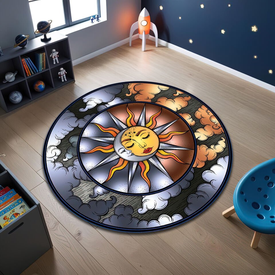 Sun and Moon Celestial Round Kids Rug – Mystical Space-Themed Playroom Carpet