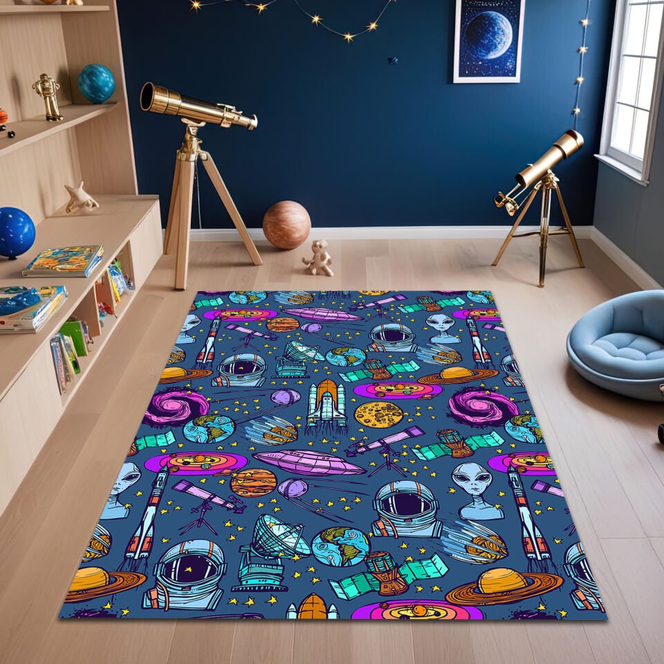 Colorful Space Exploration Rug – Kids Astronomy Playroom Mat