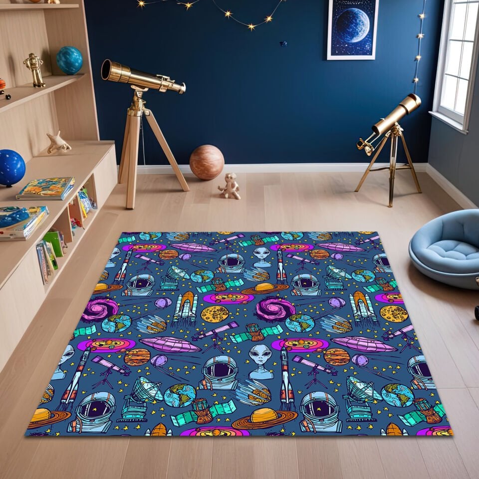 Colorful Space Exploration Rug – Kids Astronomy Playroom Mat