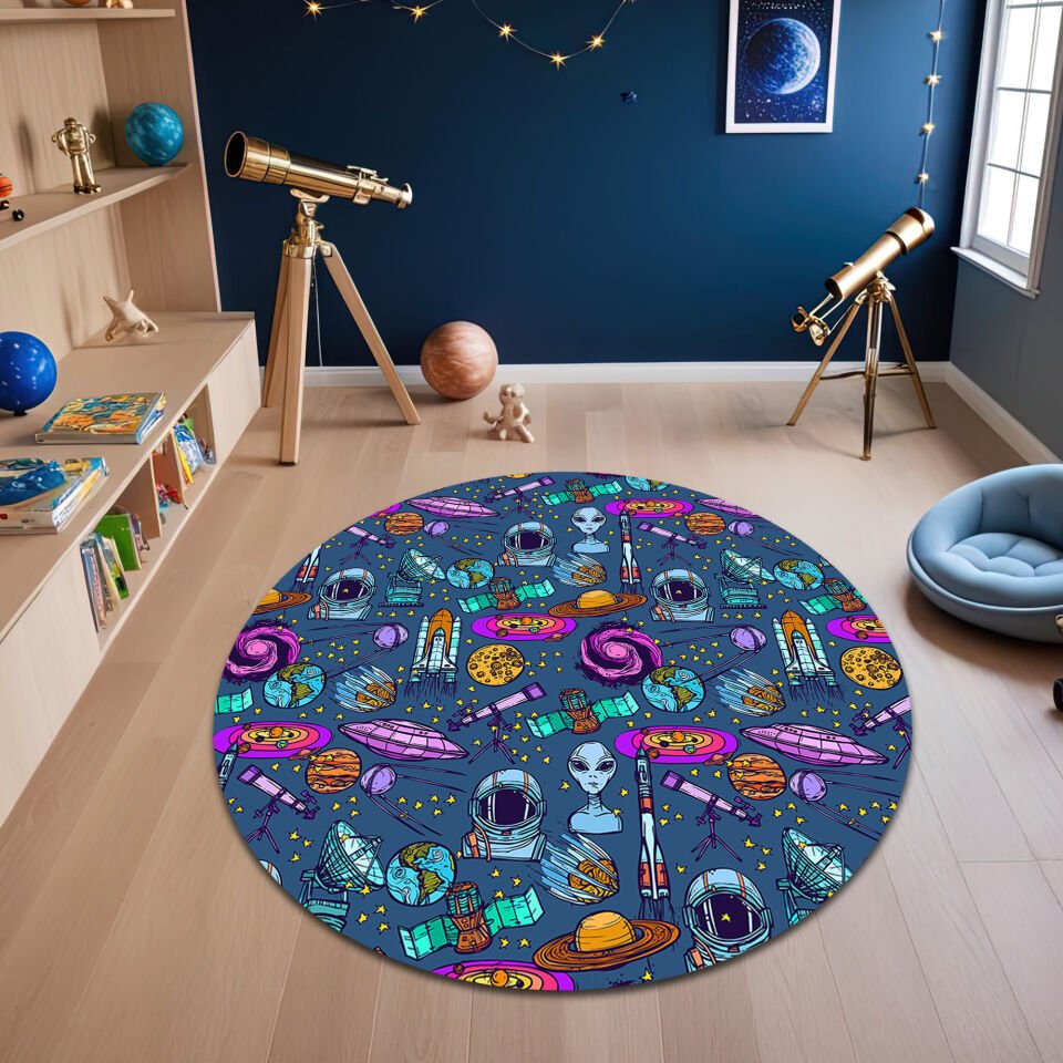 Colorful Space Exploration Rug – Kids Astronomy Playroom Mat