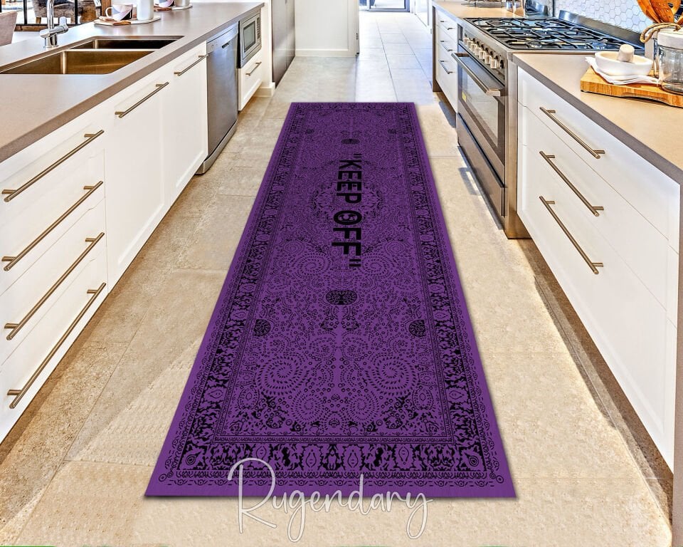Purple Kitchen Runner Rug with “KEEP OFF” Quote – Modern Non-Slip Cooking Space Carpet